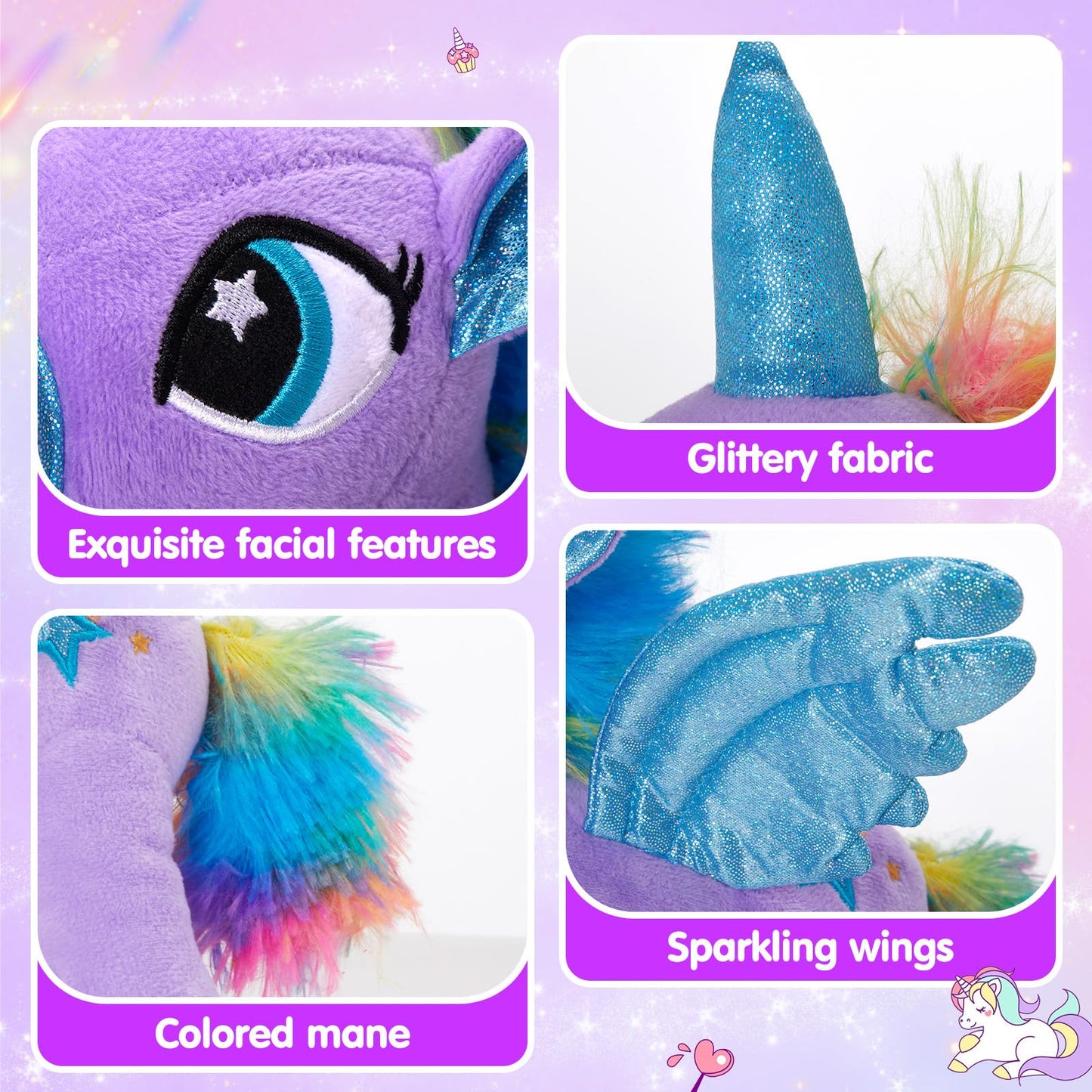 Houwsbaby 14'' Purple LED Light Up Unicorn Stuffed Animal,Unicorn Plush Toy,Glowing Horse Plush Toy Night Light Glitter Present for Kids Boys Girls Present for Easter Birthday Festival Christmas