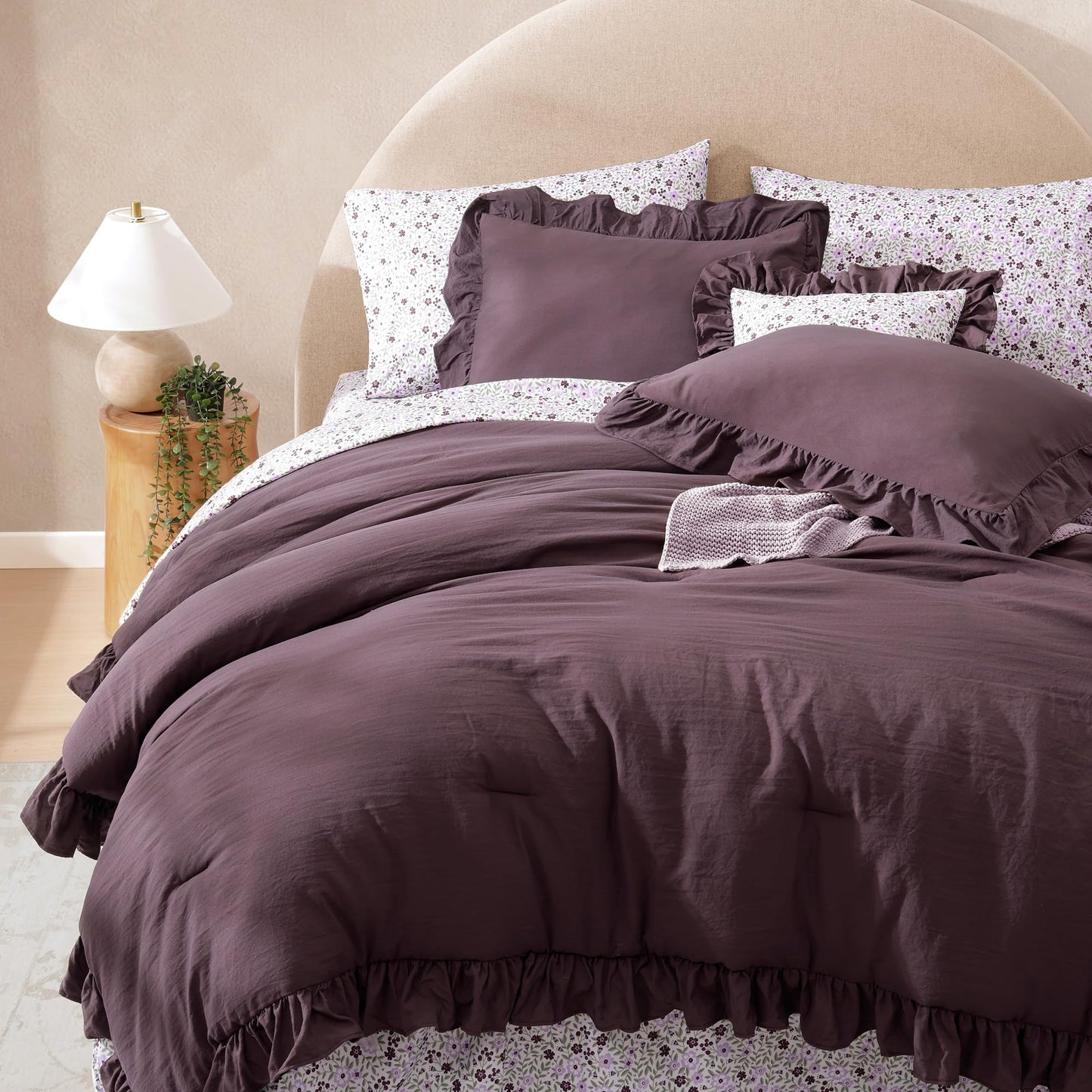 BLOOMHAVEN Queen Comforter Set - 7 Pieces Ruffle Purple Bedding Sets, Shabby Chic Farmhouse Bed in a Bag Queen with Ruffle Comforter, Floral Sheets, Pillowcases & Shams