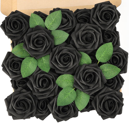 N&T NIETING Artificial Flowers Black Rose 25pcs Real Touch Flowers Perfect for for DIY Bouquets Wedding Party Baby Shower Home Halloween Decoration