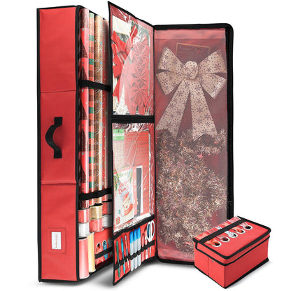 Hearth & Harbor Wrapping Paper Storage Container - Christmas Storage Bag with Ribbon Dispenser and Interior Pockets - Gift Wrap Organizer Fits Up to 26 Rolls of 40" Length, Red