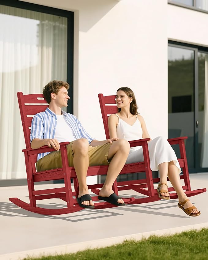 SERWALL Outdoor Rocking Chair Set of 2, Oversized Rocking Chair with Footboard for Adults, HDPE All Weather Resistant Rocking Chairs for Patio, 350lbs Weight Capacity,Red