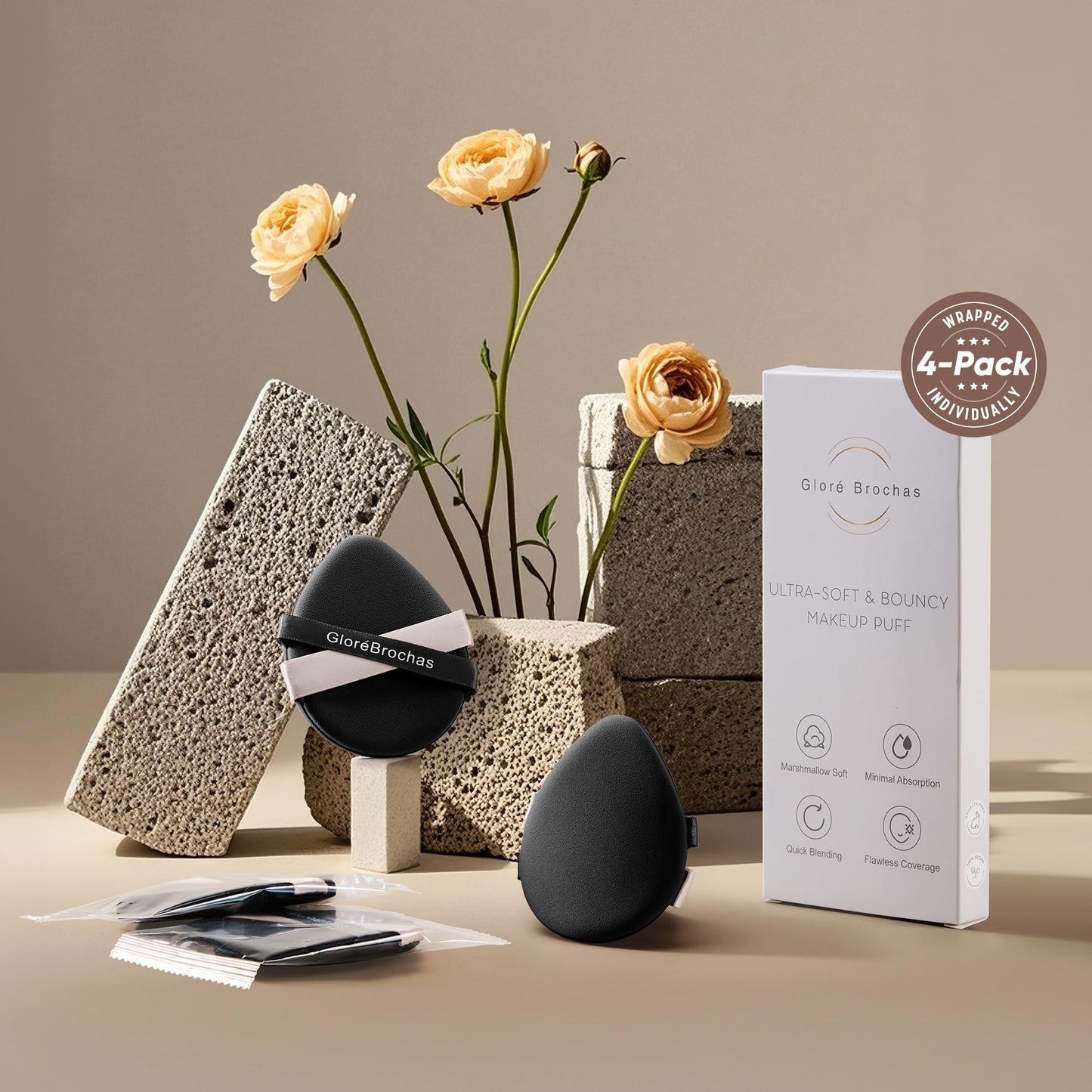 Makeup Sponge Set, GloréBrochas 4PCS Micro Porous Foundation Sponge, Latex-Free PU Makeup Puff, Low Absorption 3.2 Inch Soft Dual-Sided Foundation Puff, Individually Wrapped