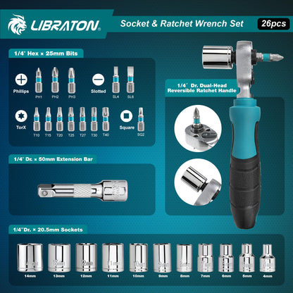 LIBRATON 26PCS 1/4" Drive Mini Socket & Ratchet Wrench Set with Bits, 4-14mm Metric Shallow Sockets, Mini Ratchet Set, Screwdriver Bit Set, Extension Bar, with Storage Case for DIY, Auto Repair