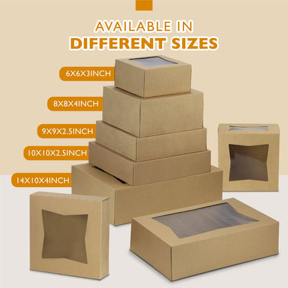Fit Meal Prep 25 Pack Cake Boxes with Window 8x8x4 Auto Pop-Up Bakery Containers for Dessert, Cookies, and Pastry Gift Treat Box for Packaging Cake Carrier for Valentine's Day, Christmas Kraft