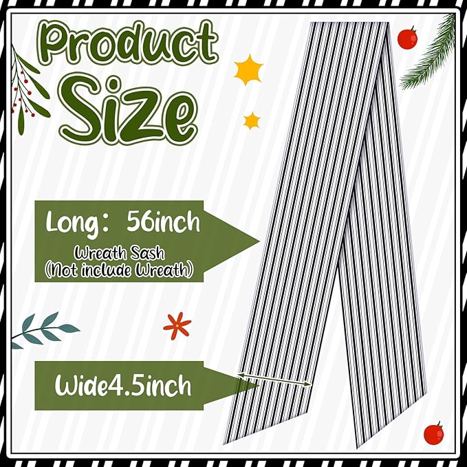 Wreath Sash for Front Door Wreath Satin Sash Blank Sashes Embroidery Monogram Yard Doorway Indoor Outdoor Wall Ribbon Bow Home Decor(Black, White,Stripe)