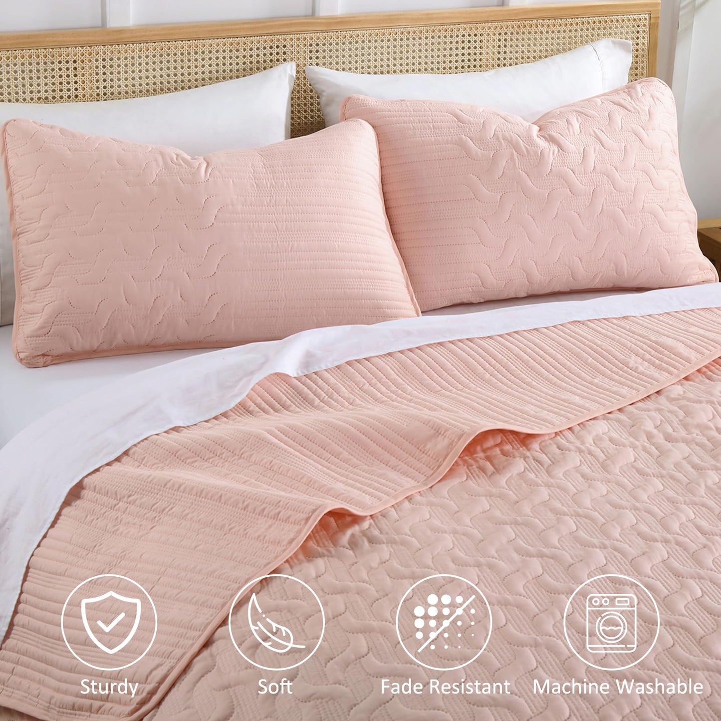 Yiran Blush Pink Quilt Set Queen Size, 3 Piece Reversible Bedspreads Bedding Set, Fall Wave Striped Pattern Coverlet for All Season with 2 Pillow Shams (Full/Queen, 96x90 Inch)