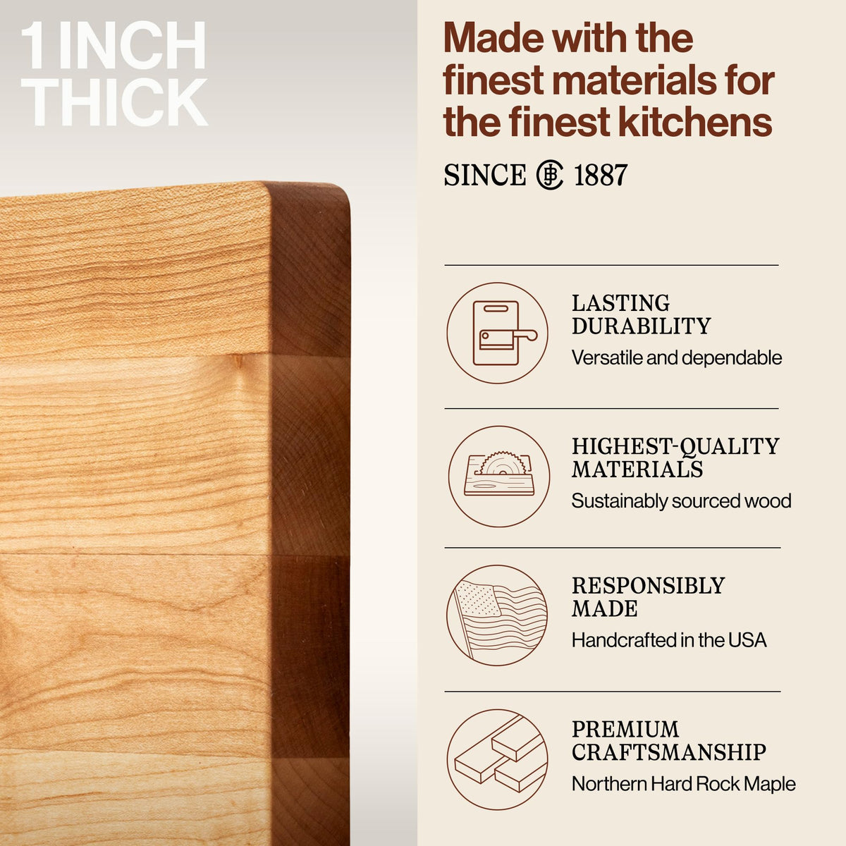 John Boos Chop-N-Slice Series Square Wooden Maple Cutting Board 10”x10” – 1” Thick, 4-lb Reversible Butcher Block with Eased Corners & Edge-Grain – Made in the USA