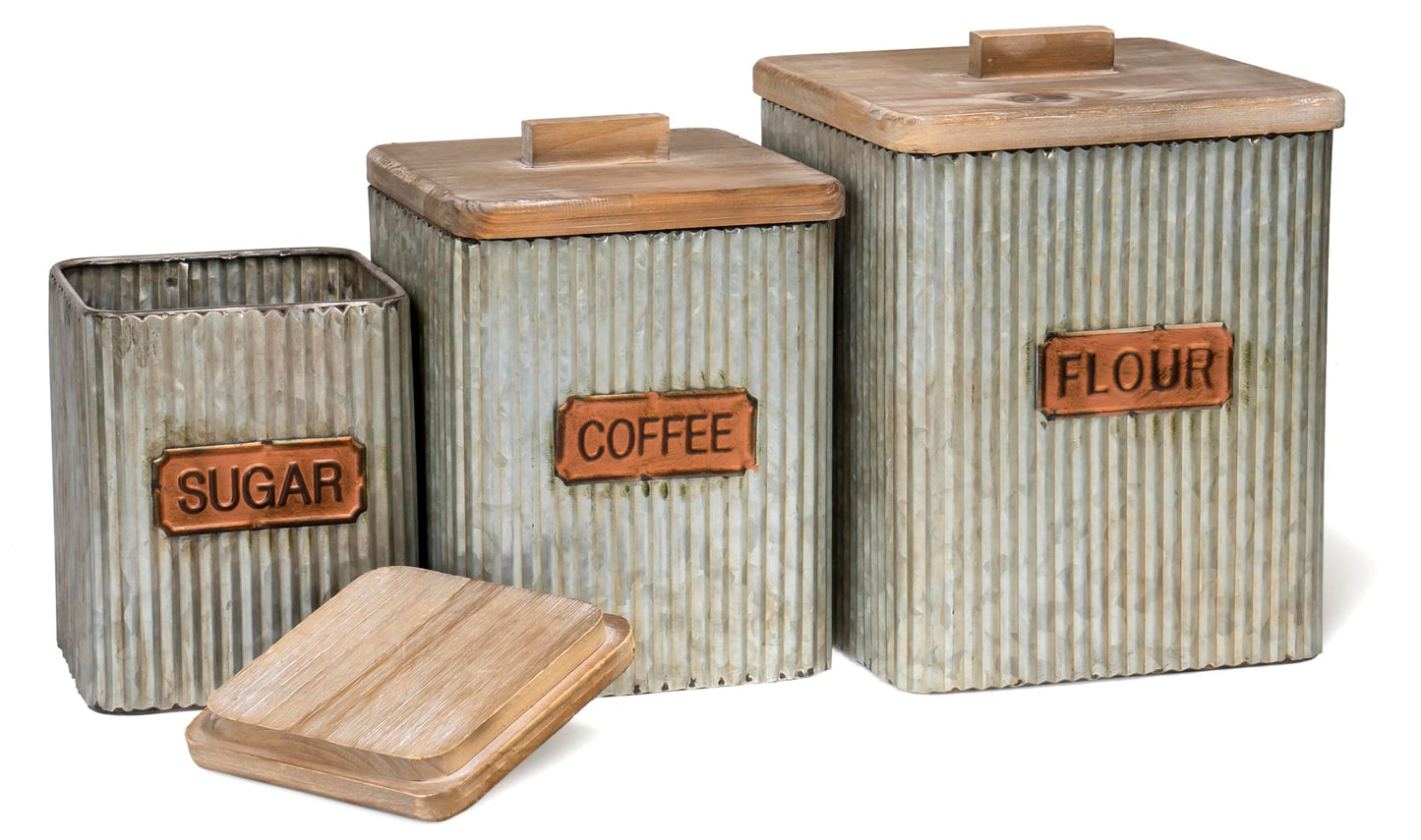 Red Co. Set of 3 Pre-Labeled Sugar, Coffee & Flour Distressed Metal Storage Canister Jars with Wooden Lids