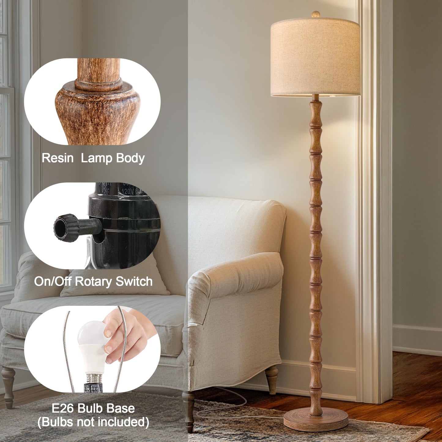 BOBOMOMO 62" Rustic Floor Lamp for Living Room, Retro Farmhouse Floor Lamp Rotary Switch, Resin Standing Lamp for Living Room, Corner, Dining Room, Bedroom, Home Decor