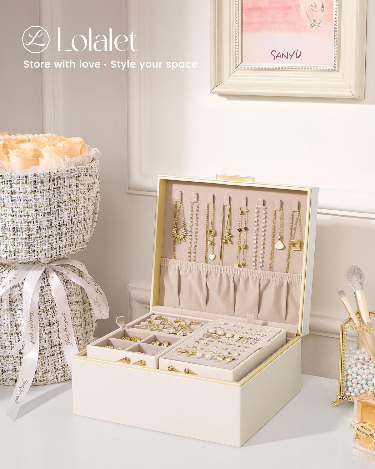 Lolalet Jewelry Box Organizer for Women Girls, 2 Layer Jewelry Organizers and Storage for Necklace Earrings Rings Bracelets, Large Jewellery Holder Case Birthday Valentine Gifts -Cream