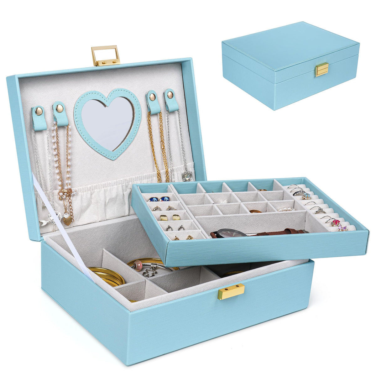 Dajasan Jewelry Box for Teenage Girl Gifts, Jewelry Organizer Box for Little Girls Kids, 2-Layer Large Jewelry Gift Box for Christmas, Valentine's Day, Birthday, Mother's Day (Blue)