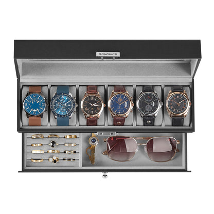 SONGMICS Watch Box, 6-Slot Watch Case Organizer with Large Glass Lid, 2 Layers, Removable Pillows, Metal Lock, Gift for Loved Ones, Black Synthetic Leather, Gray Lining UJWB060G01