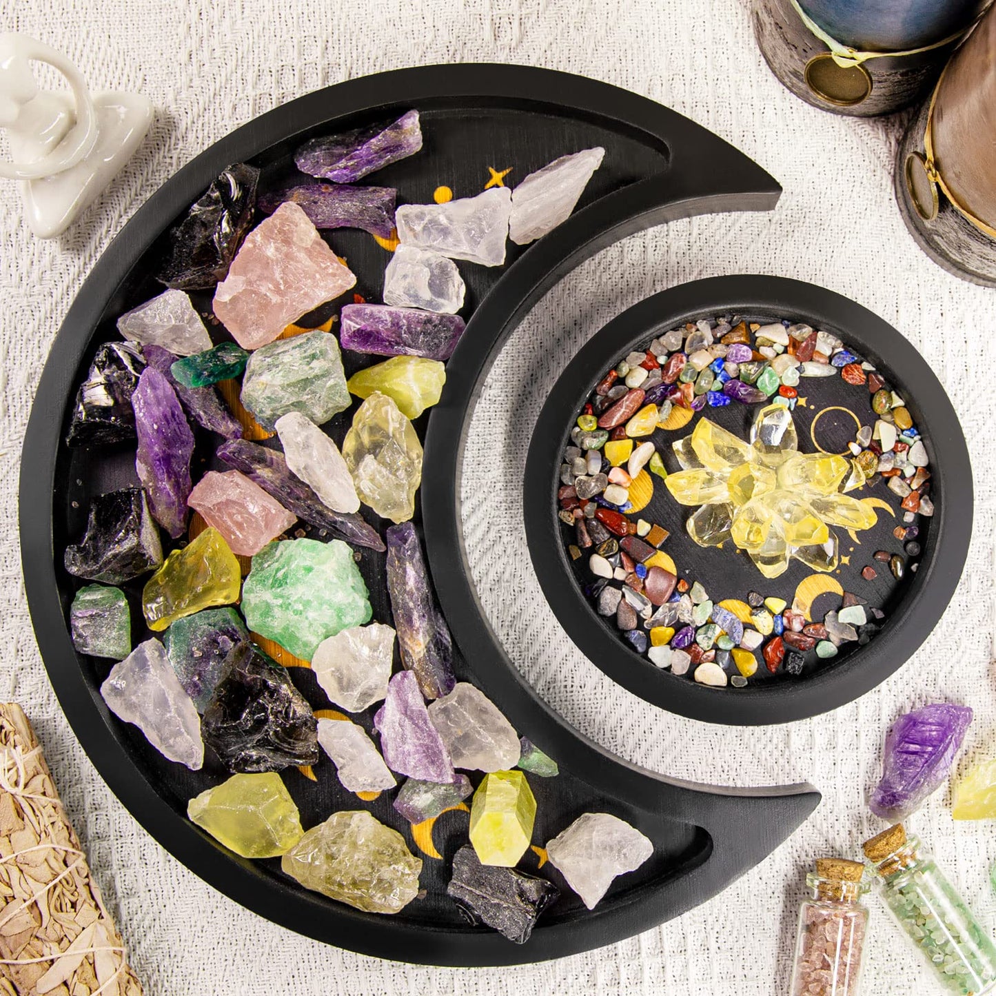 Moon Tray Crystal Holder Set, Wood Moon Phase Crystal Tray for Stones Display with Brown Tarot Card Holder, Witchcraft Crystal Organizer Bowl, Wiccan Altar Supplies