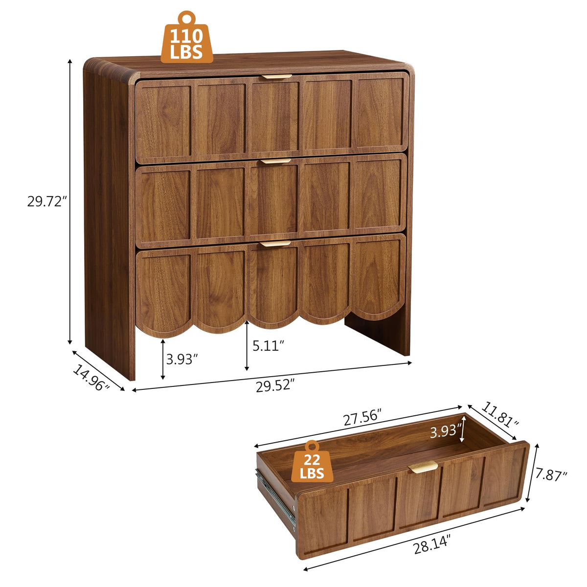ORRD 3 Drawer Dresser for Bedroom, Modern Closet Chest of Drawers with Wave Fluted Drawer, Wood Storage Small Dresser Organizer for Nursery Bedroom Living Room Hallway Closet (Walnut)