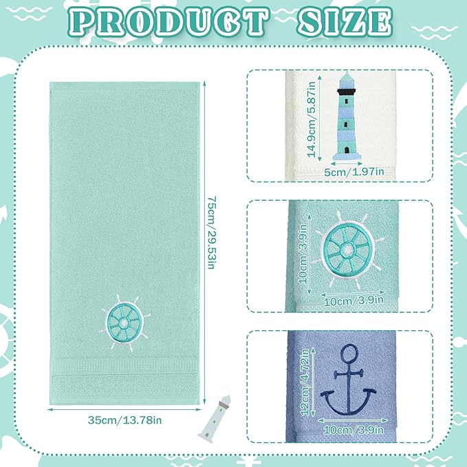 3 Pack Nautical Hand Towels for Bathroom 100% Cotton Embroidered Beach Bathroom