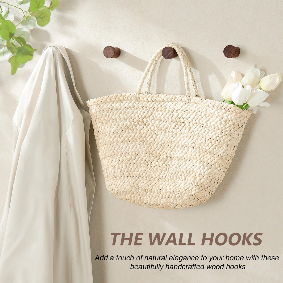 HeyPPO Wooden Wall Hooks 4 Pack, Modern Decorative Coat Hook Wall-Mount, Handmade Rustic Hat Hooks, Entryway Wall Hangers for Hanging Coats Hats Backpack, Bathroom Wood Towel Rack (Walnut)