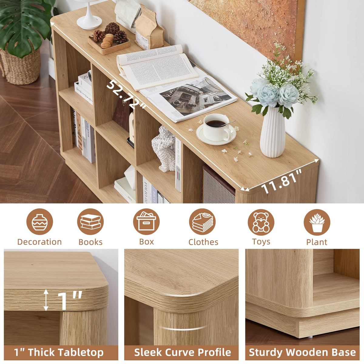 Joaxswe 8 Cube Storage Book Shelf, 52" Long Horizontal Bookshelf with Curved Edge, Floor Standing Wooden Cubby Bookcase with Base, Modern Low Console Book Case, TV Stand for Living Room, Natural Oak