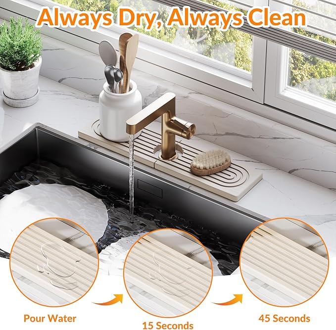 15.7 Inch Stone Faucet Mat for Kitchen Sink Splash Guard, Diatomite Sink