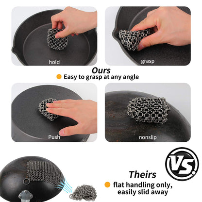 Herda Cast Iron Scrubber Tool Kit,2Pack Cast Iron Skillet Cleaner Cleaning Care Kit 316 Chain Mail Scrubber, Steel Skillet Brush Plastic Pan Scraper Set for Grill Griddle Pot Dish Food