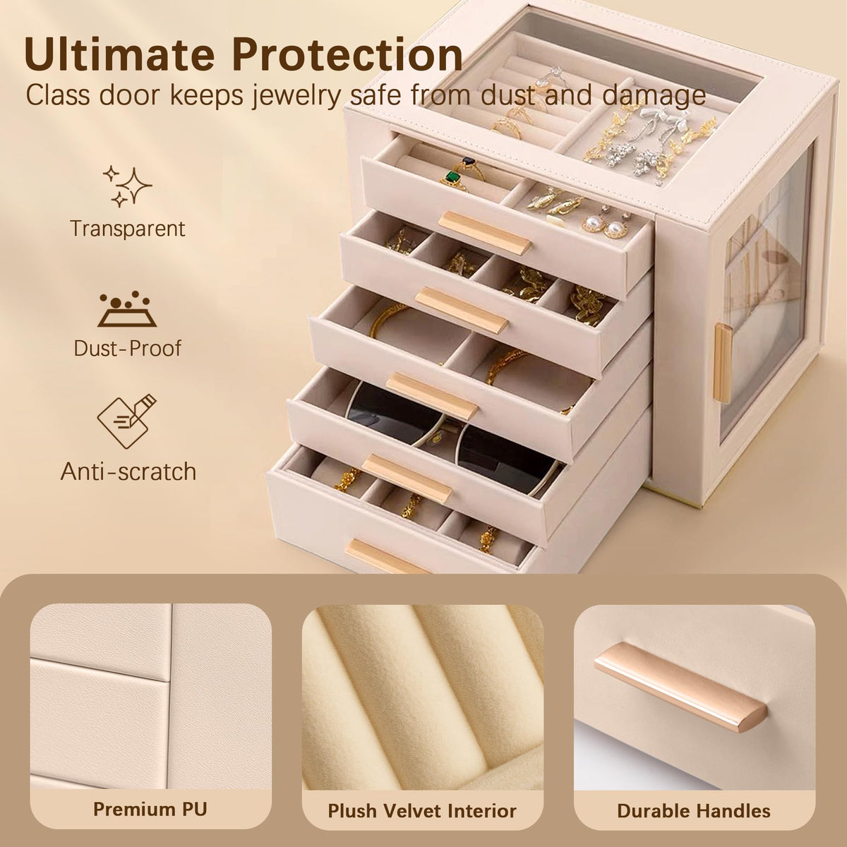 Homeanda Jewelry Box for Women with Glass Lid, 5 Drawers Jewelry Organizer and Storage for Necklaces, Rings, Earrings, Bracelets, Gift for Girls and Teens,PU Leather (Beige)
