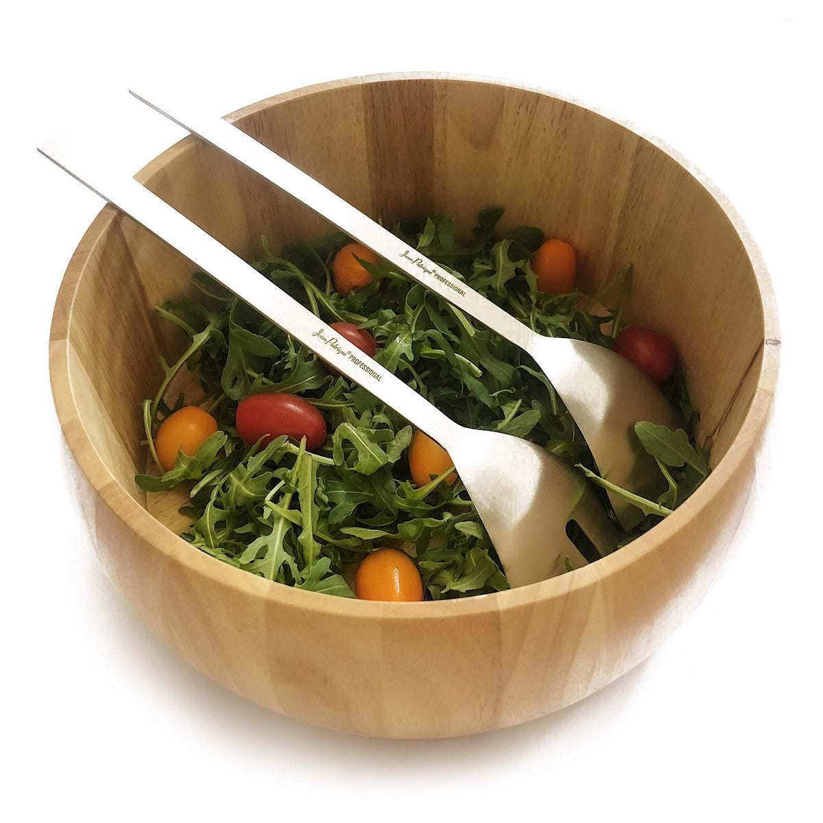 Jean-Patrique Large Wooden Salad Bowl & Serving Utensils - 10 inch Bowl, Spoon & Fork for Pasta, Cereal, Salad or Fruit