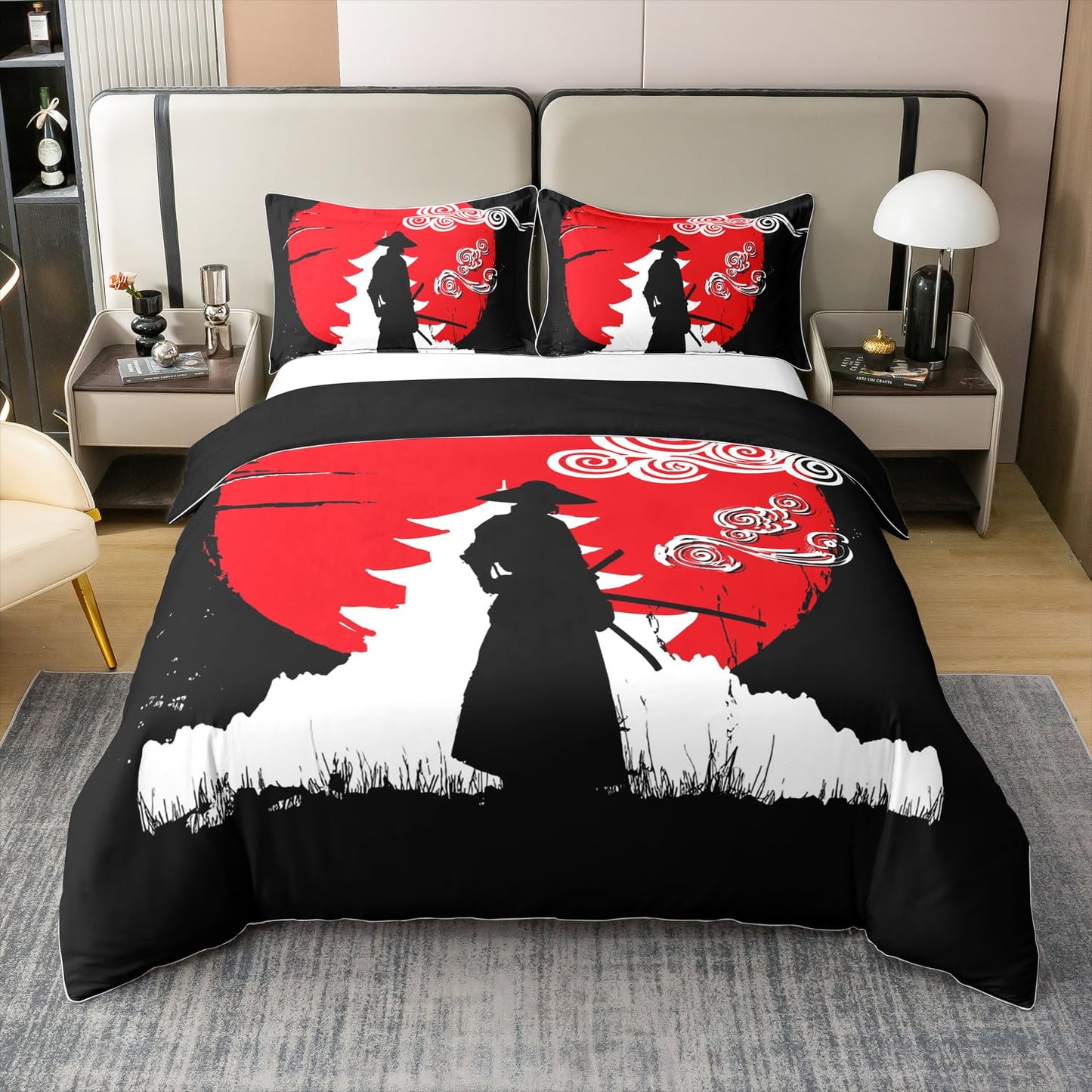 Samurai 100% Organic Cotton Duvet Cover, Sunset Print Bedding Set, Japan Comforter Cover, Building Silhouette Breathable Quilt Cover with Zipper Closure 1 Duvet Cover with 1 Pillow Case Twin Size