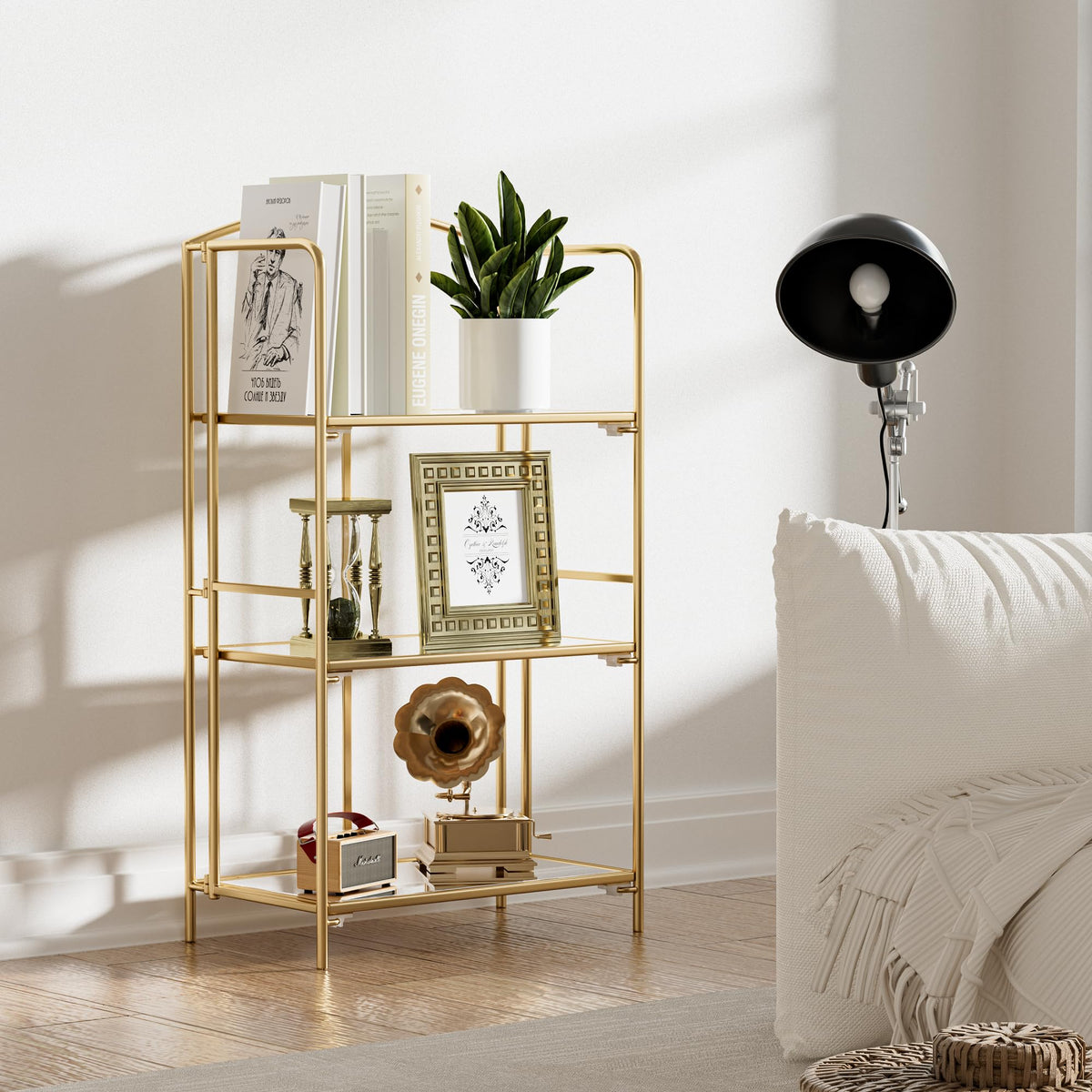 Crofy 3-Tier Foldable Bookshelf, Gold Frame & Transparent Shelves