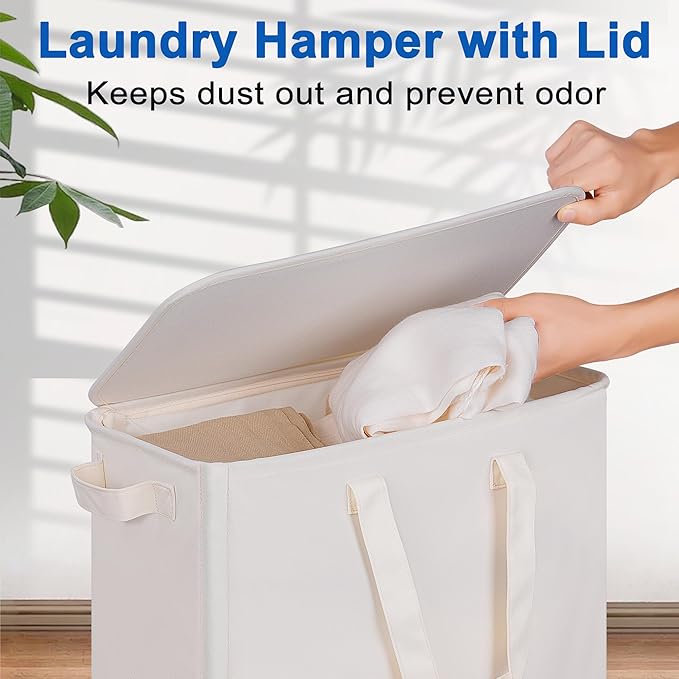 Slim Laundry Hamper with Lid and Wheels, Small Rolling Laundry Basket with