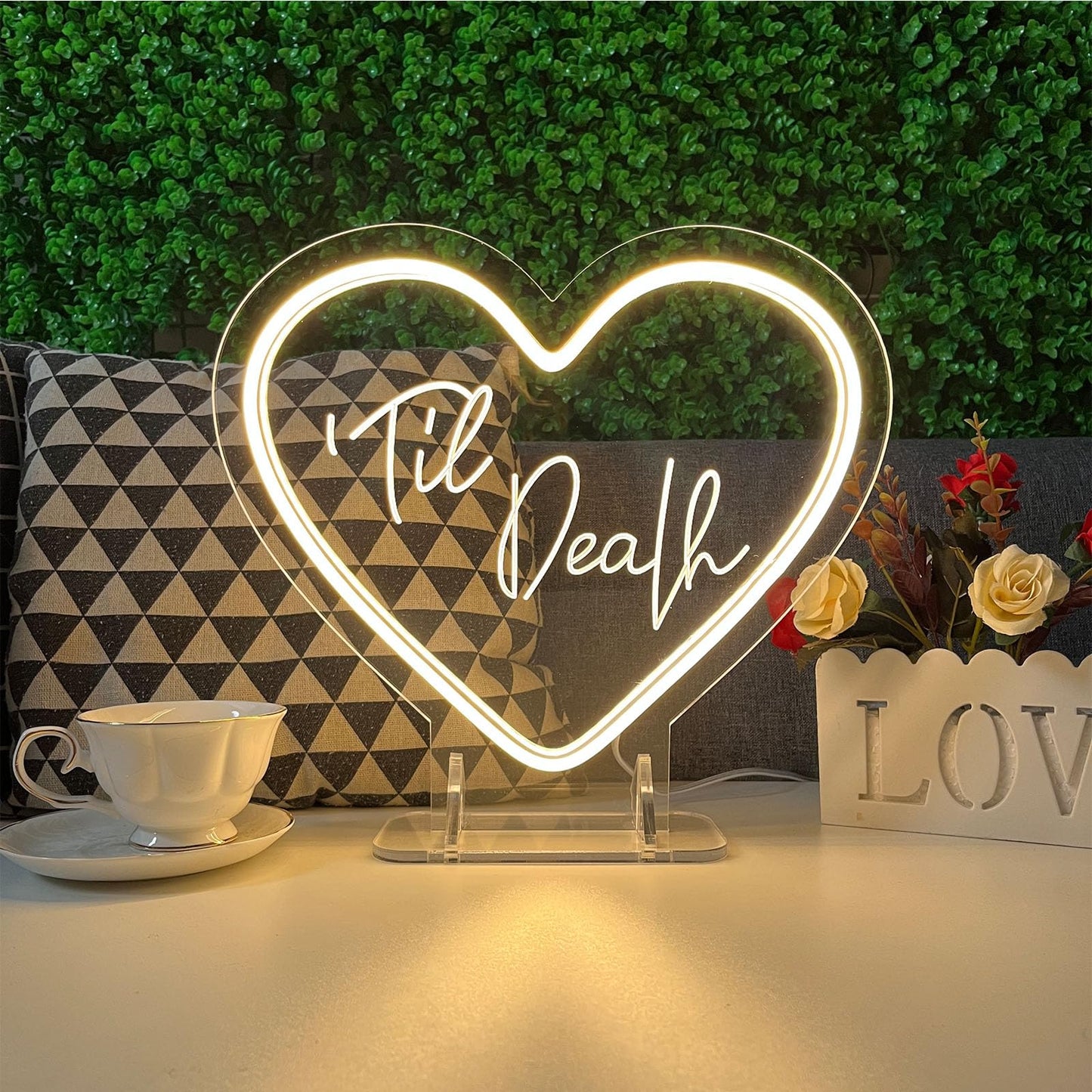Til Death Neon Sign Desk Lamp for Wall Decor Night Light Wedding Letter LED Neon Sign Wedding Table Decorations Neon Light Bedroom Home Room Decor Christmas Party Warm White USB 30×26CM