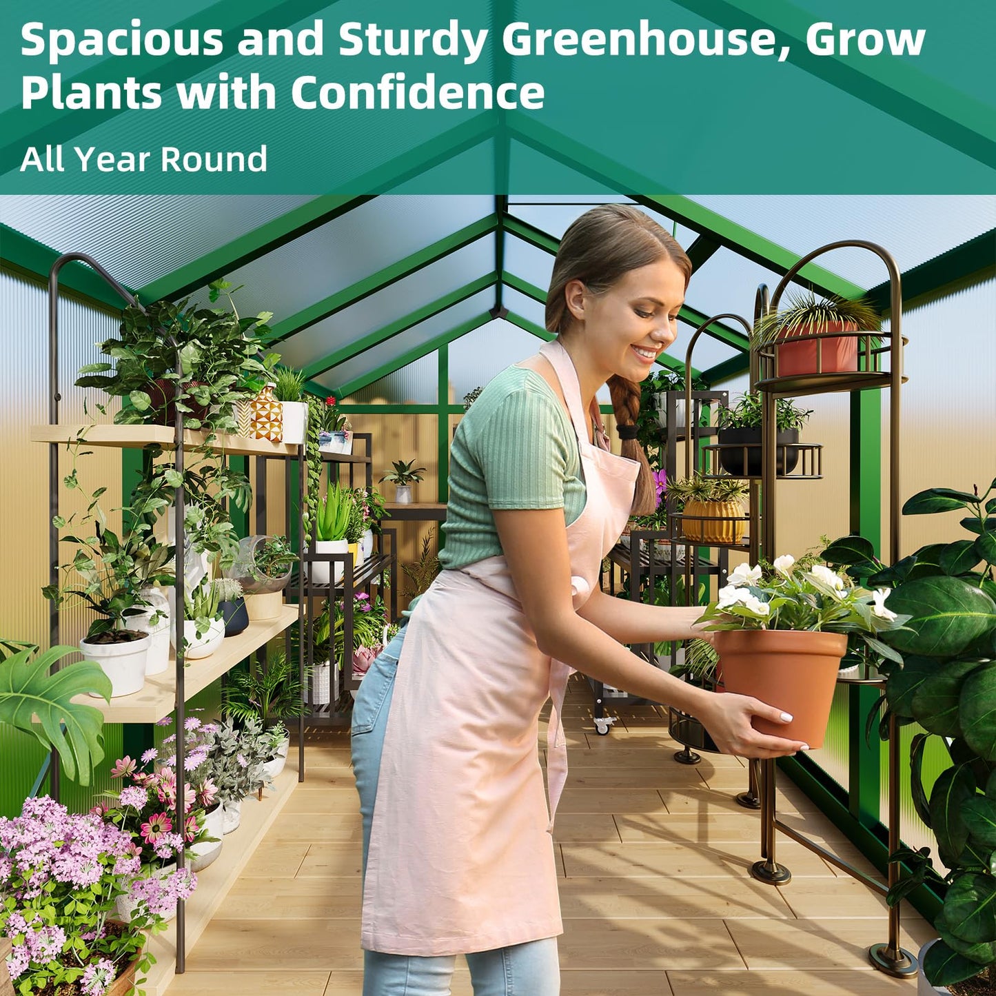 6x10 FT Greenhouse - Large Aluminum Greenhouses for Outdoors, Heavy Duty Polycarbonate Greenhouse with Roof Vent&Ground Nails, Walk-in Green Houses for Garden, Backyard, Patio, Easy Assembly