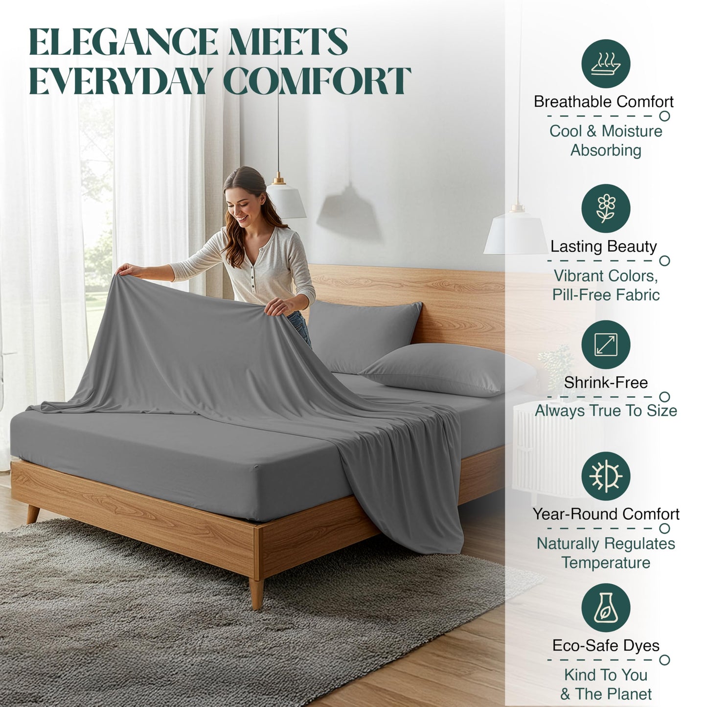 BlissBay Weave 100% Egyptian Cotton Sheet Set King Size 4 PCs Sateen Weave Cooling Soft Wrinkle Resistant 18 inches Deep Pocket | 1 Fitted Sheet, 1 Flat Sheet, 2 Pillowcases | Dark Grey