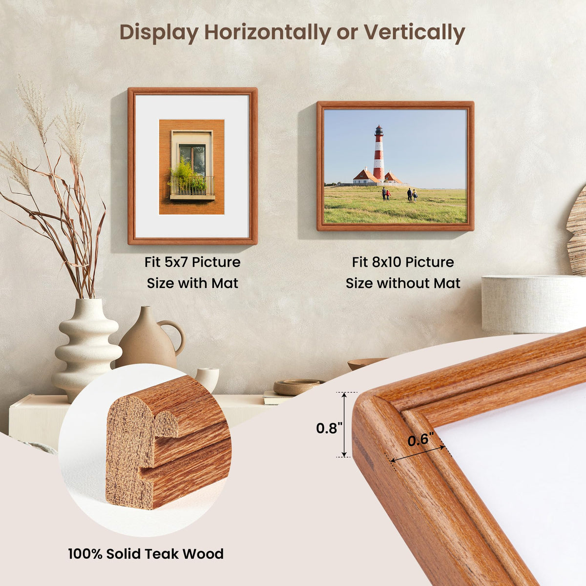 RICHFOCUS 8x10 Picture Frame, Natural Solid Teak Wood Picture Frame with High Tempered Glass, Handcrafted Rounded Corner 8 by 10 Wooden Frame Matted to 5x7 Photo for Wall & Tabletop Display