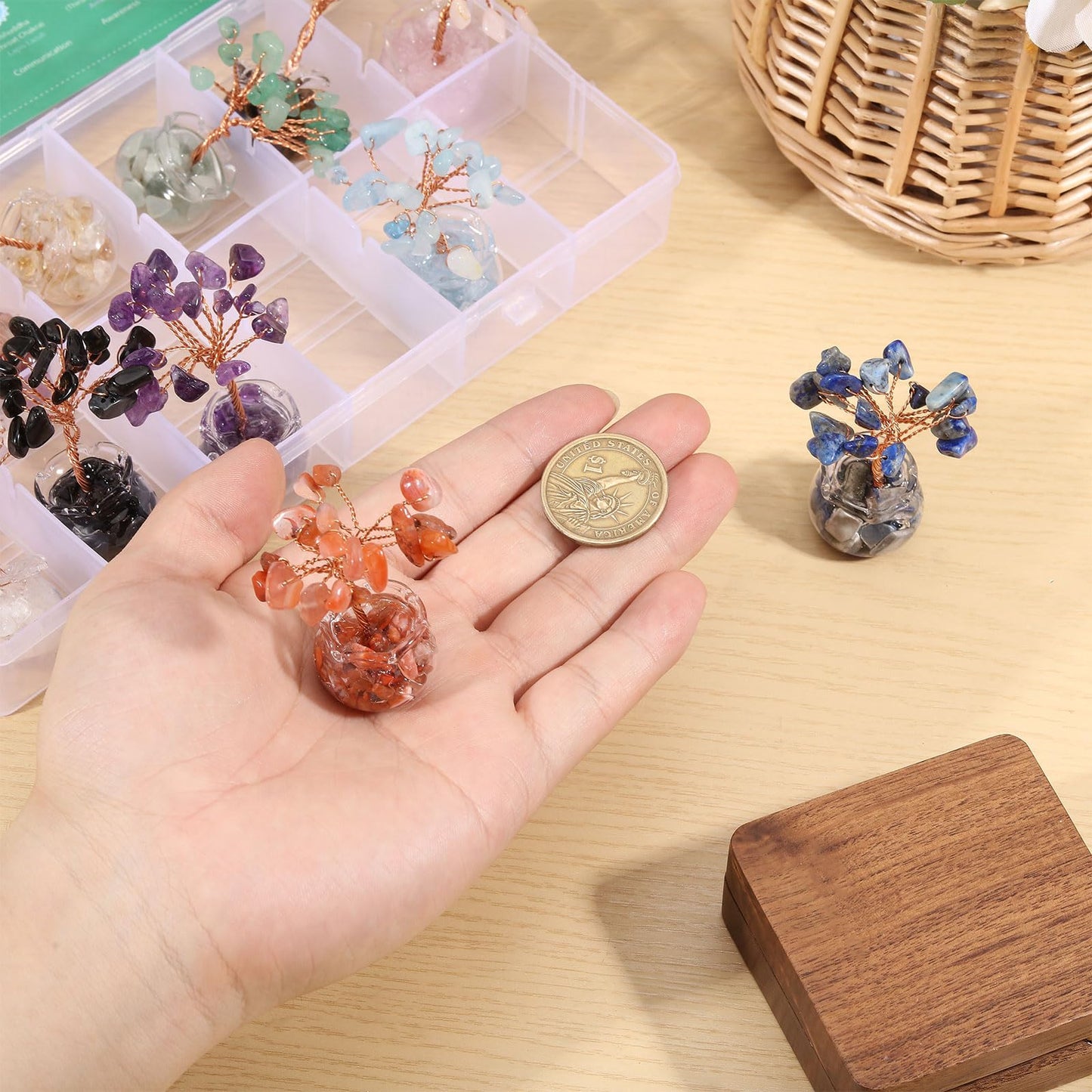 GLOBLELAND 12 Pcs Crystal Tree Set Tree of Life with Gemstones Crystals and Stones for Office Desk Home Shelf Decoration for Positive Good Luck Birthday Gifts for Mom Love Ones