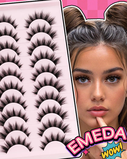 Manga Lashes Spiky False Eyelashes - Wispy Anime False Eyelashes Natural Look 10 Pairs Cotton Band Fake Lashes Cosplay Asian D Curl Strip Lashes by EMEDA(13mm #03)