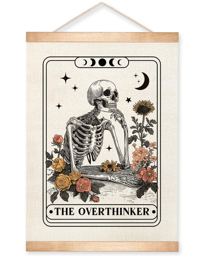 HEYJEEPER The Overthinker Tarot Card Wall Art,Skeleton and Floral for Witch Room Decor,Humorous Wall Hanging Linen Print Poster for Bedroom,Library, Study room 14x18inch(The Overthinker)