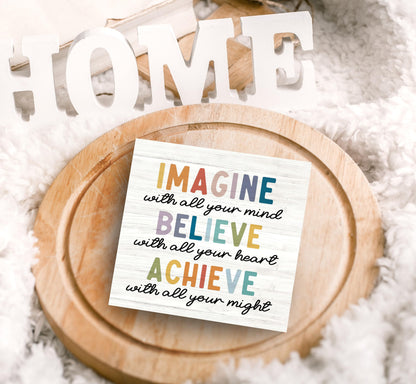 SRADMO Inspirational Wood Box Sign Desk Decor, Imagine Believe Achieve Motivational Theme Wooden Block Box Sign Decoration for Home Office Workplace Desk Shelf Table Decor