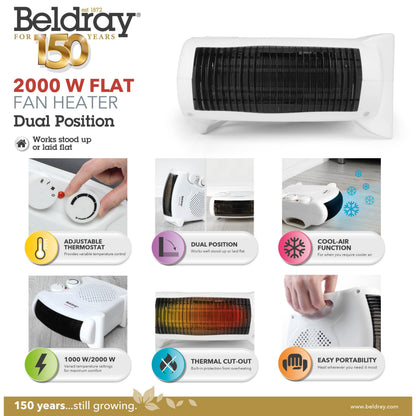 Beldray Electric Flatbed Fan Heater – Upright Heater with 2 Heat Settings and Cool Air Function, Adjustable Thermostat, Overheat Protection, Dual Position, Portable Carry Handle, 2000 W EH0569SSTK