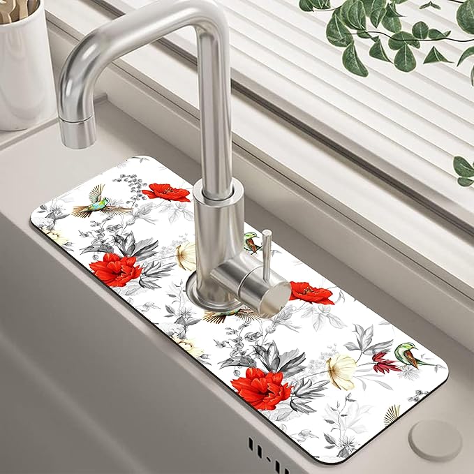 Poppy Wildflower Nightingale Sink Faucet Absorbing Mat Sink Splash Guard Faucet