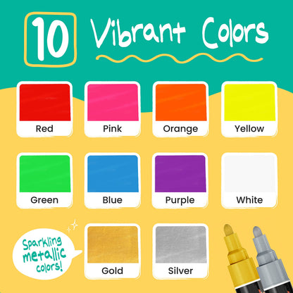 Liquid Chalk Pens (10 Pack) with Gold & Silver - Bold Dry Erase Marker Pens for Blackboard, Windows, Chalkboard Signs, Bistro - 6mm Reversible Tip