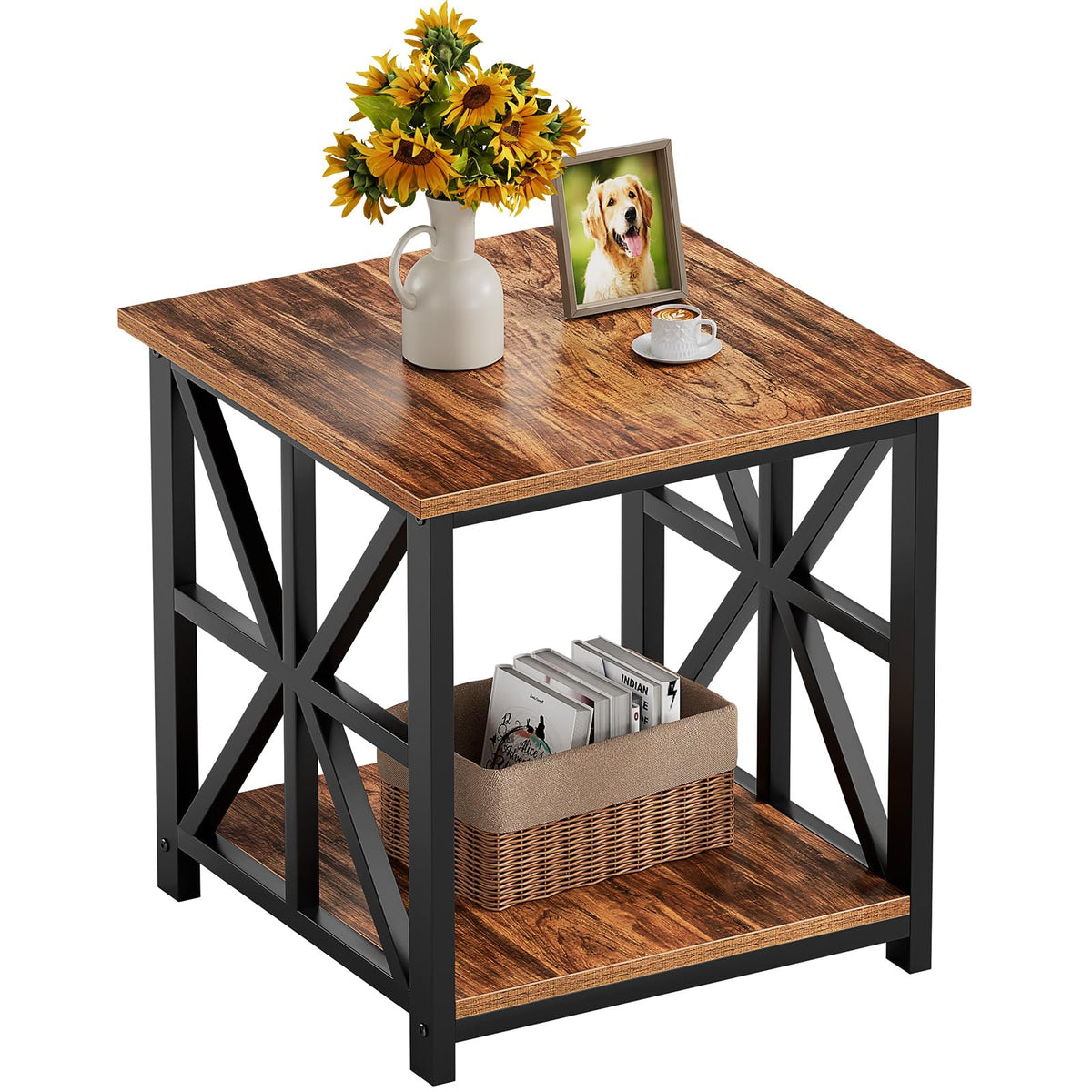 GreenForest End Table with 2-Tier Storage Shelf, 24 inch Large Side Table for Living Room, Modern Nightstand for Bedroom Bedside Office Farmhouse, Walnut