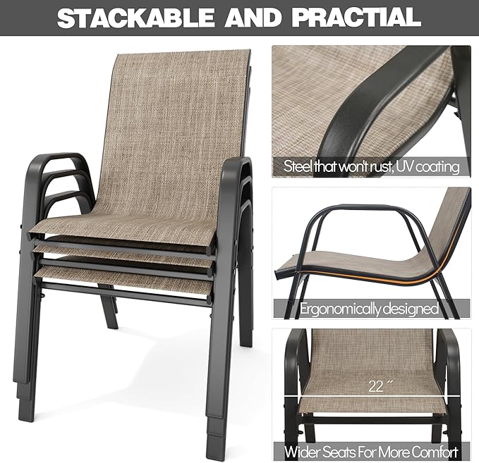 Patio Chairs Set of 4, Stackable Outdoor Dining Chairs for All Weather Textilene Fabric & Metal Frame, Outdoor Chairs Set for Backyard Deck Garden (Brown, Set of 4)