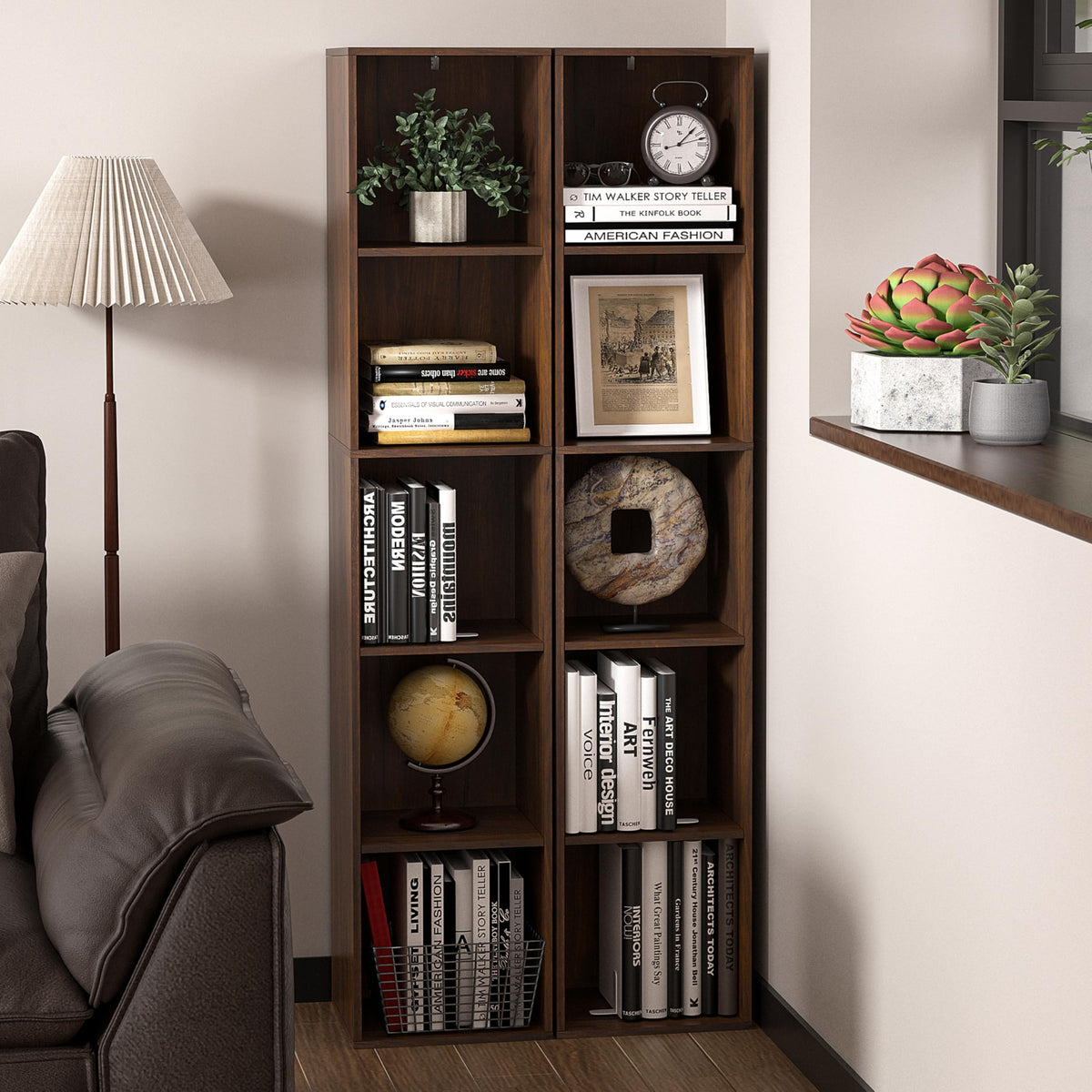 NewBeth 5 Cube Storage Organizer, Narrow Open Shelf Bookcase, Freestanding 5 Tier Low Display Bookshelf for Home Office, Living Room, Bedroom, Dark Brown & Black Walnut