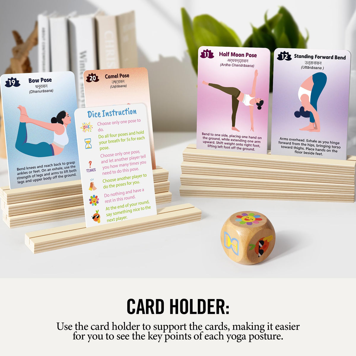 Homotte Yoga Cards and Wooden Yoga Dice Set for Beginners, Kids Yoga Accessories Pose Workout Kit with 4 Dice, 8 Card Holder, Gift for Women