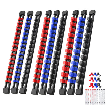 Reniteco 9-Piece Socket Organizer Set - 1/4-Inch x 48 Clips, 3/8-Inch x 45 Clips, 1/2-Inch x 36 Clips, Heavy Duty ABS Socket Holder, Premium Quality Socket Clip Rail Holder for Tool Box Drawer