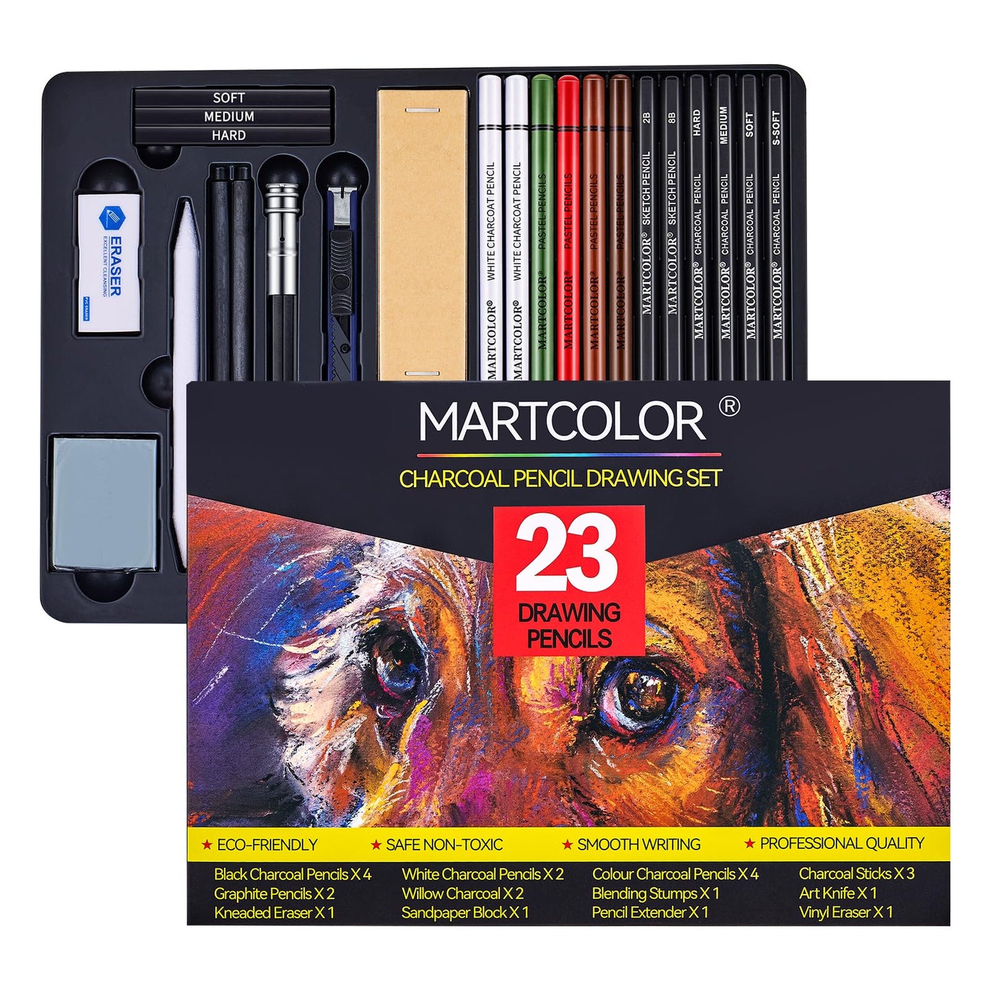 MARTCOLOR Charcoal Drawing Set, Set of 23, Graphite Pencils, Black & White Charcoal Pencils for Drawing, Sketching, Shading, Blending, Artist Pencils for Beginners & Pro Artists ﻿