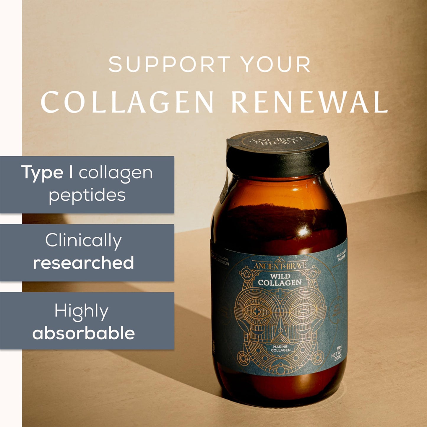Ancient + Brave Wild Collagen Powder 200g - Pure Hydrolyzed Marine Collagen Peptides Supplement (Fish) - Best Collagen Powder for Women - High Protein, Fasting Friendly - 30 Day Supply