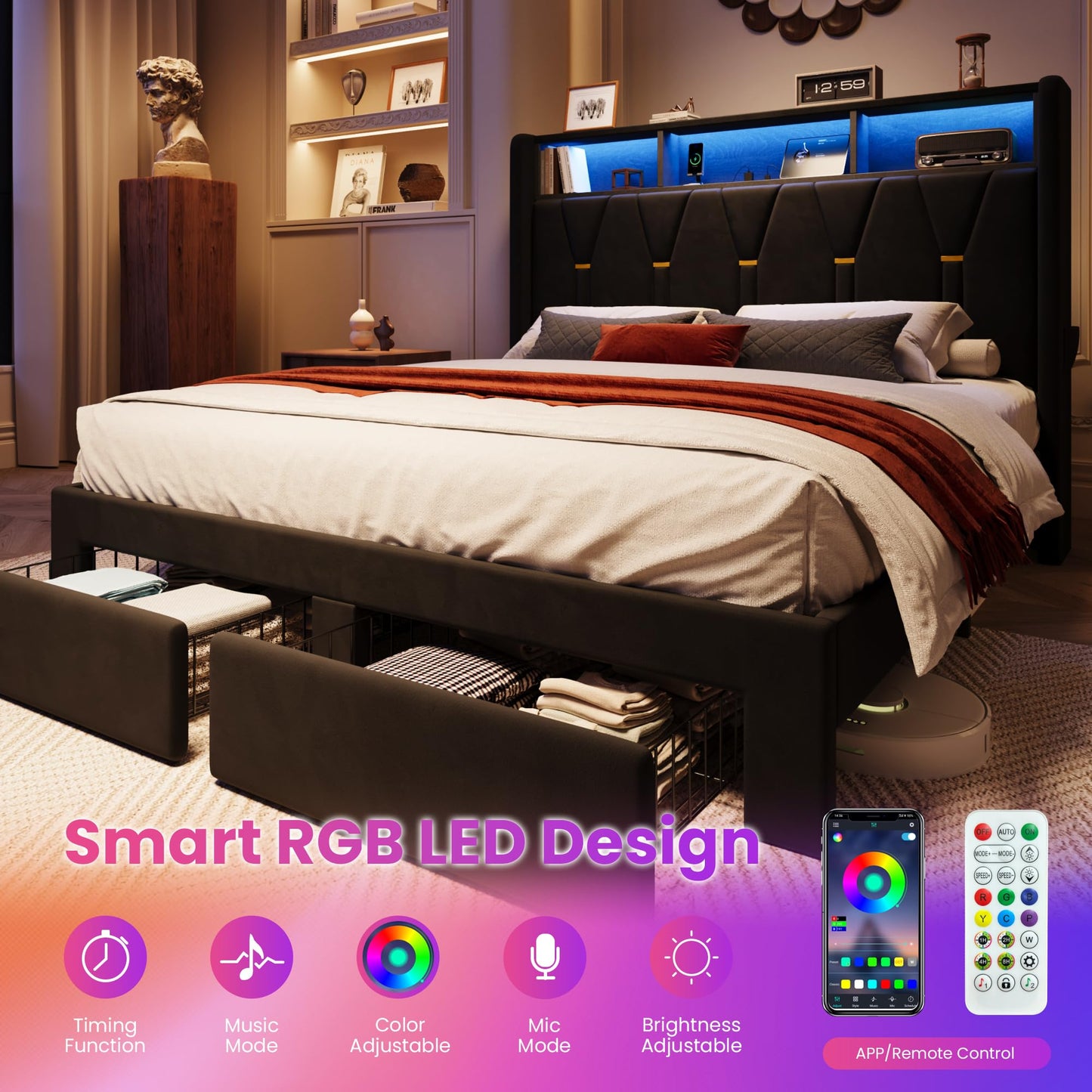 SHA CERLIN Queen Velvet Platform Bed Frame with 2 Storage Drawers, LED Storage Headboard with Charging Station, Upholstered Wingback Headboard, Noise-Free, No Box Spring Needed, Easy Assembly, Black