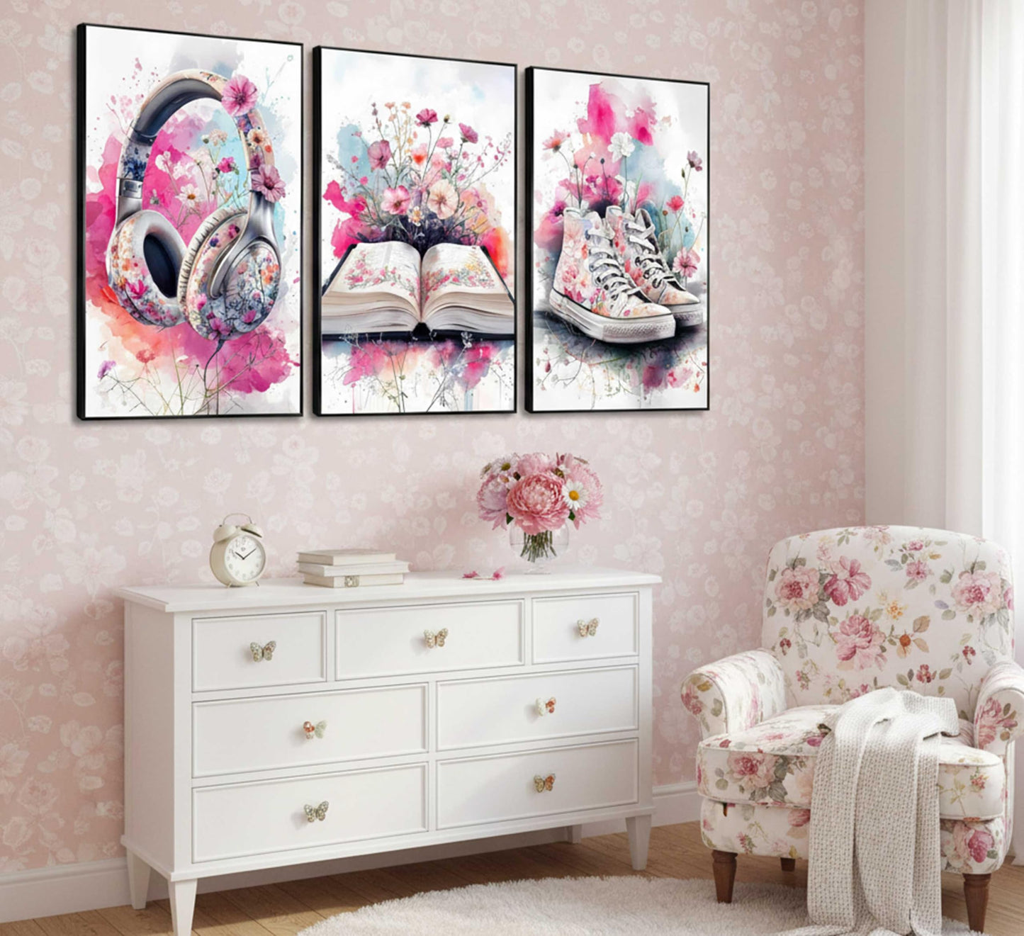 3Pcs Teen Girls Bedroom Canvas Wall Art Fashion Headphones Book and Shoes Pink Watercolo Splash Flower Painting Pictures Wall Decor Print Artwork for Living Room Dorm Home Decoration Unframed
