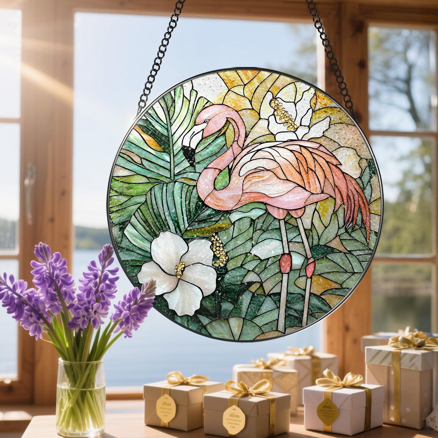 DOUHASU 8″ Stained Glass Window Hanging Ornament, Flamingo Stained Glass Suncatcher Ornament, Sun-Catcher Window Decor | Housewarming & Birthday Gifts, Festival Gift | Gifts for Flamingo Lovers