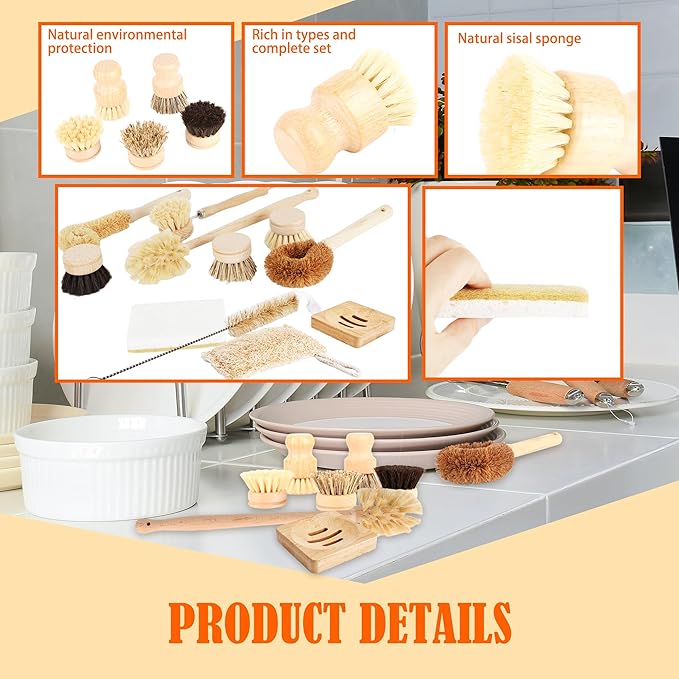 15 Pcs Bamboo Dish Brush Set